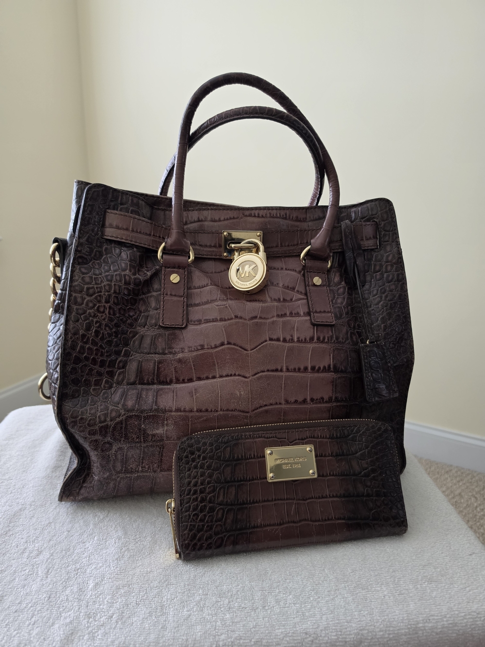 Michael Kors Dark Brown Croc-Embossed Leather Tote with Wallet